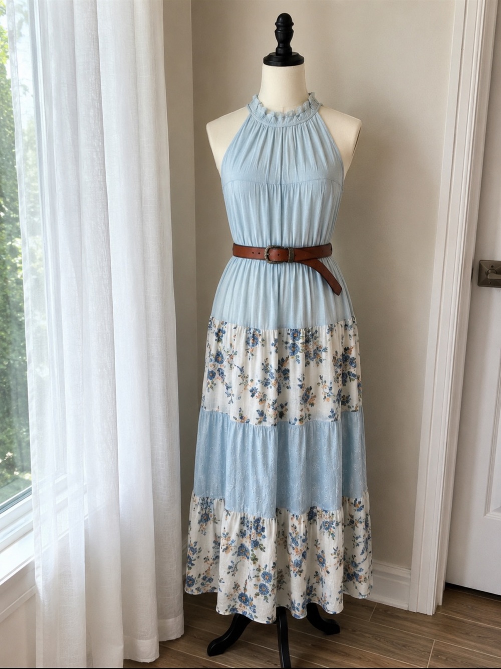 Light Blue Floral Tiered Maxi Skirt